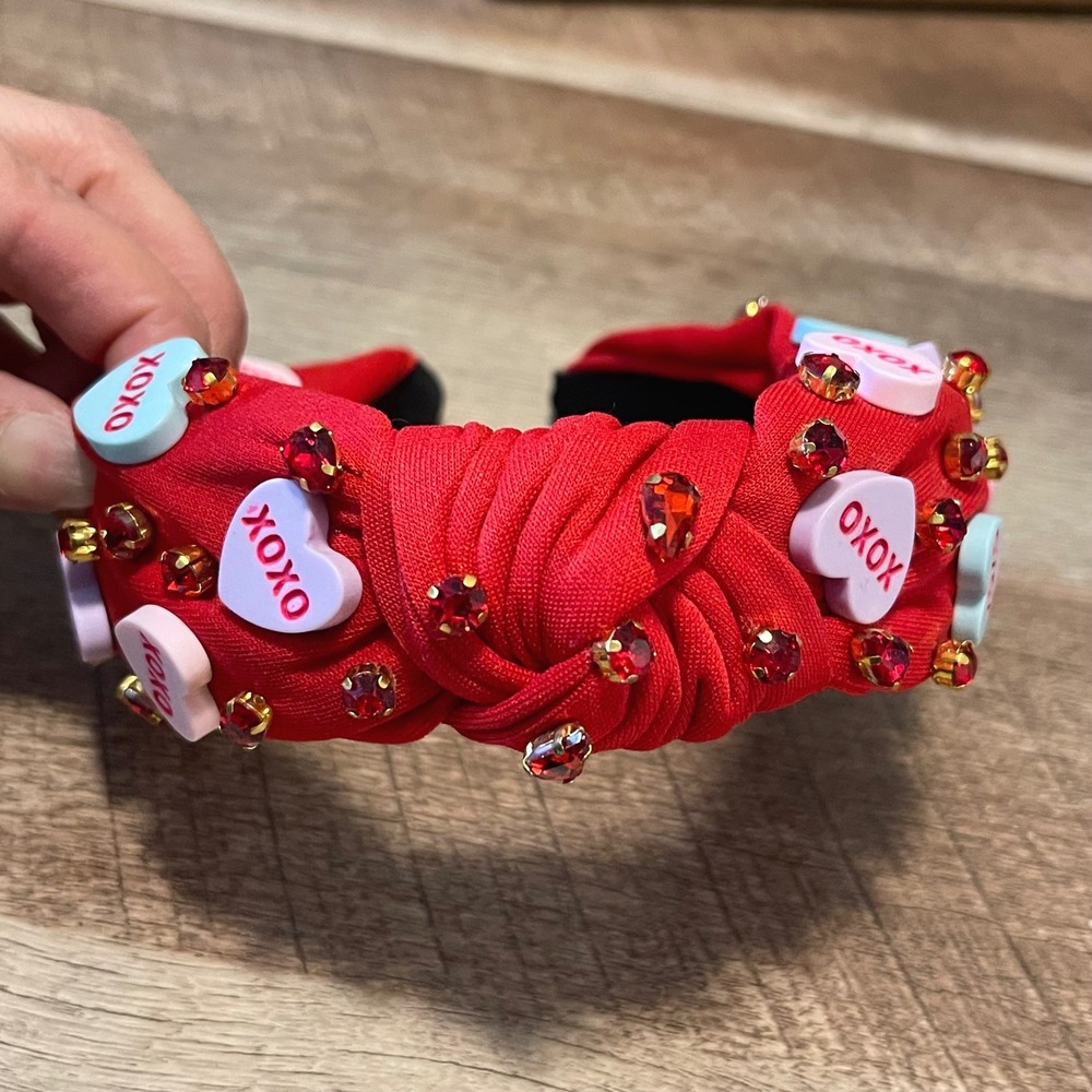 Red Knotted Headband with Conversation Heart Charms and Rhinestones Women Access